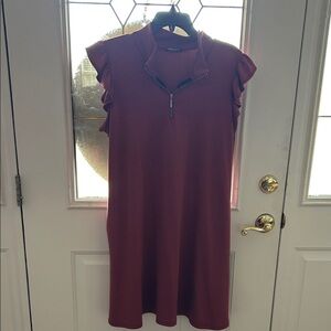 Heimish USA Burgundy Knee Length Dress with Ruffle Sleeves and Pockets